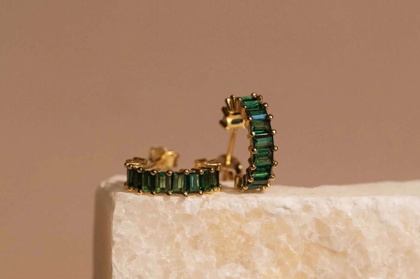 Emerald Half Hoop Studs - 14K Gold Filled — product image 1